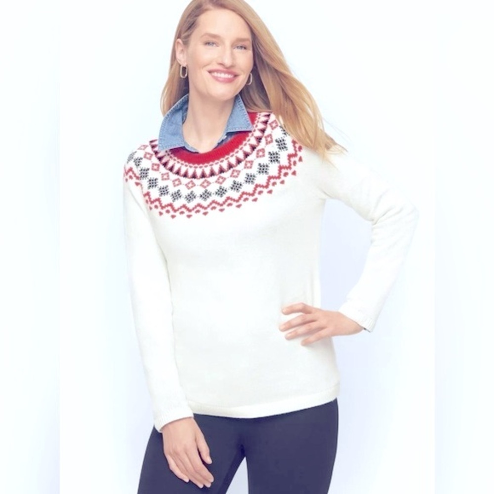 Talbots Nordic Fair Isle Yoke Soft Crewneck Sweater White/Red Pop Sz. Medium MP